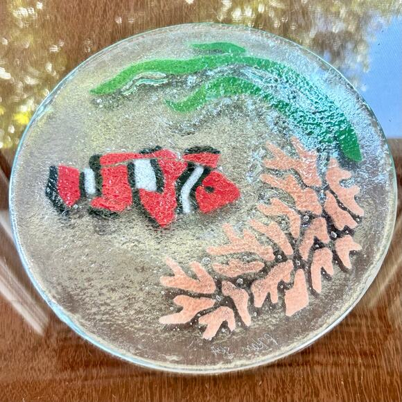 Vintage Retired Peggy Karr Fused Glass Tropical Fish Black Red Coral Reef  Plate - Picture 3 of 8